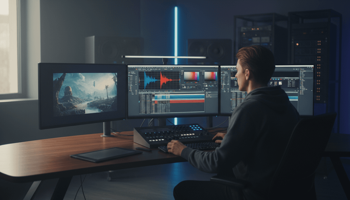Video editor working on color grading and visual effects in professional studio