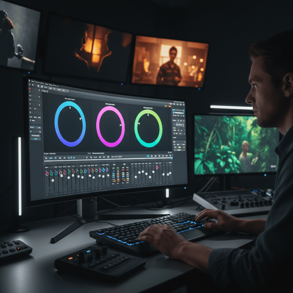 Post-production color grading in modern editing suite