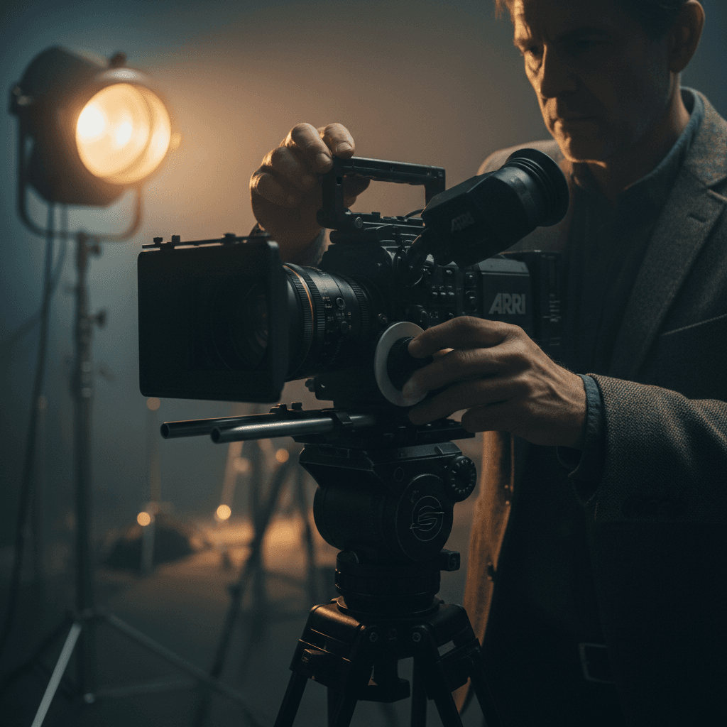 Professional filmmaker operating cinema camera on set