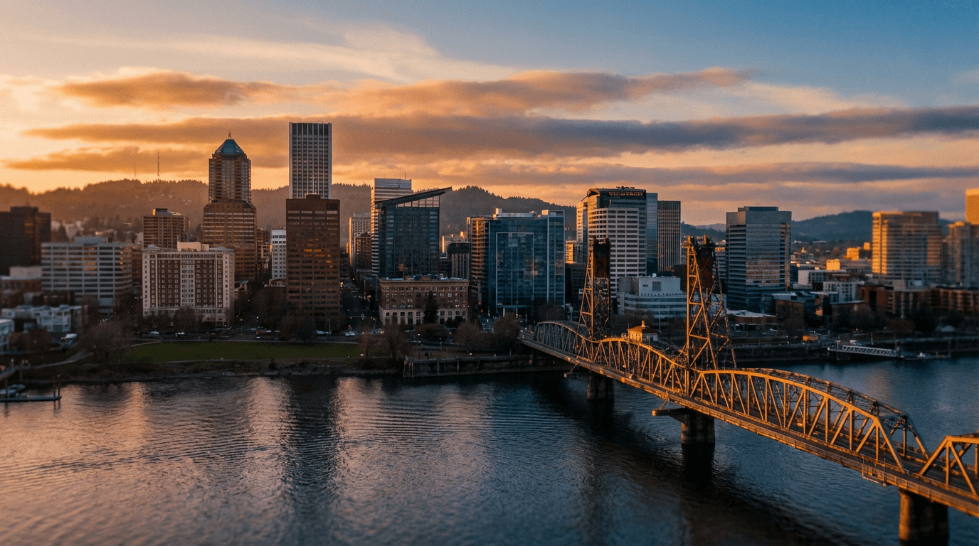 Downtown Portland skyline at golden hour with bridge spanning the Willamette River, warm light on urban architecture, layered depth.
