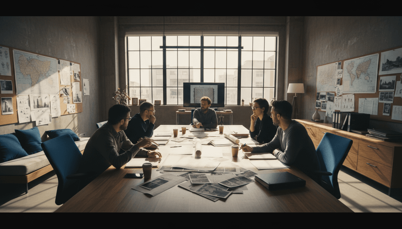 Film production team reviewing script and location plans