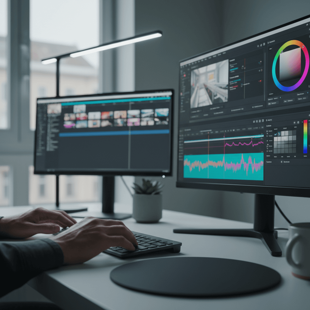 Video editing workstation with color grading and timeline