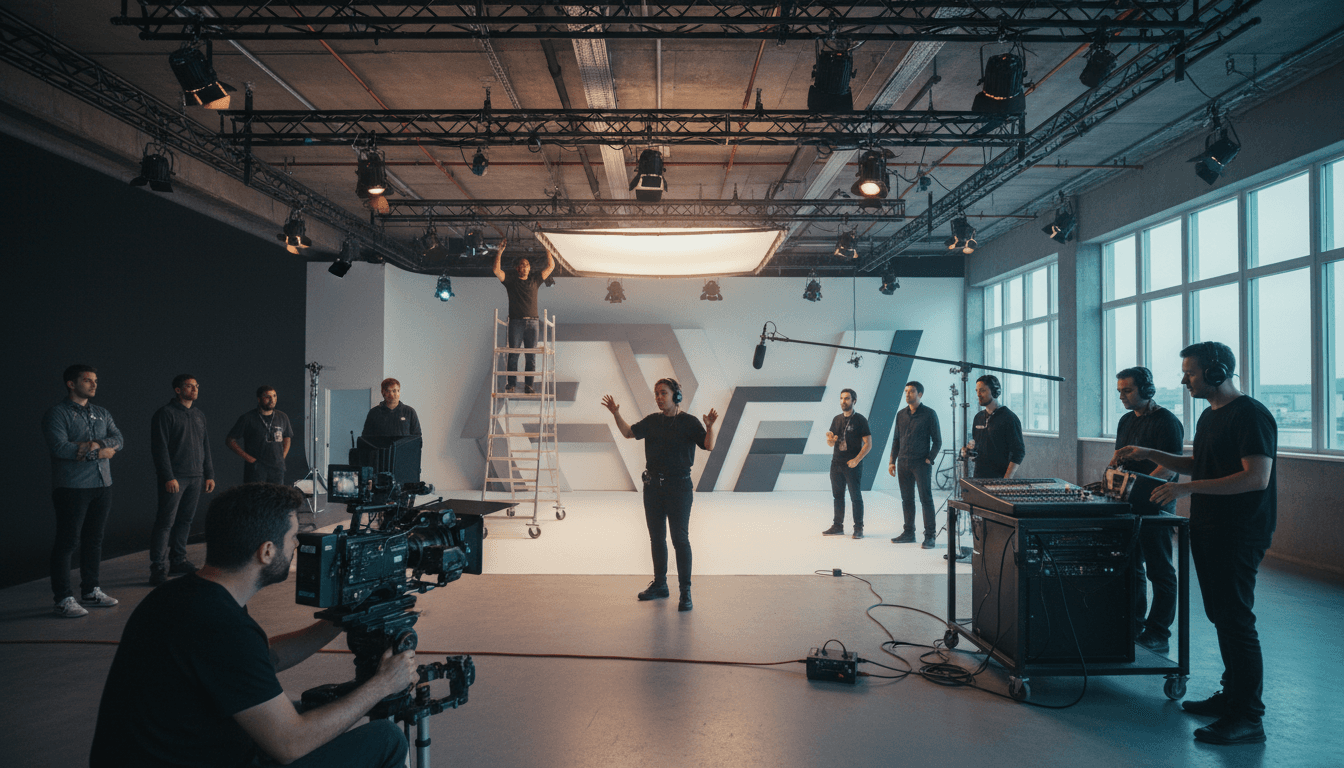 Film production team working together in a professional studio environment