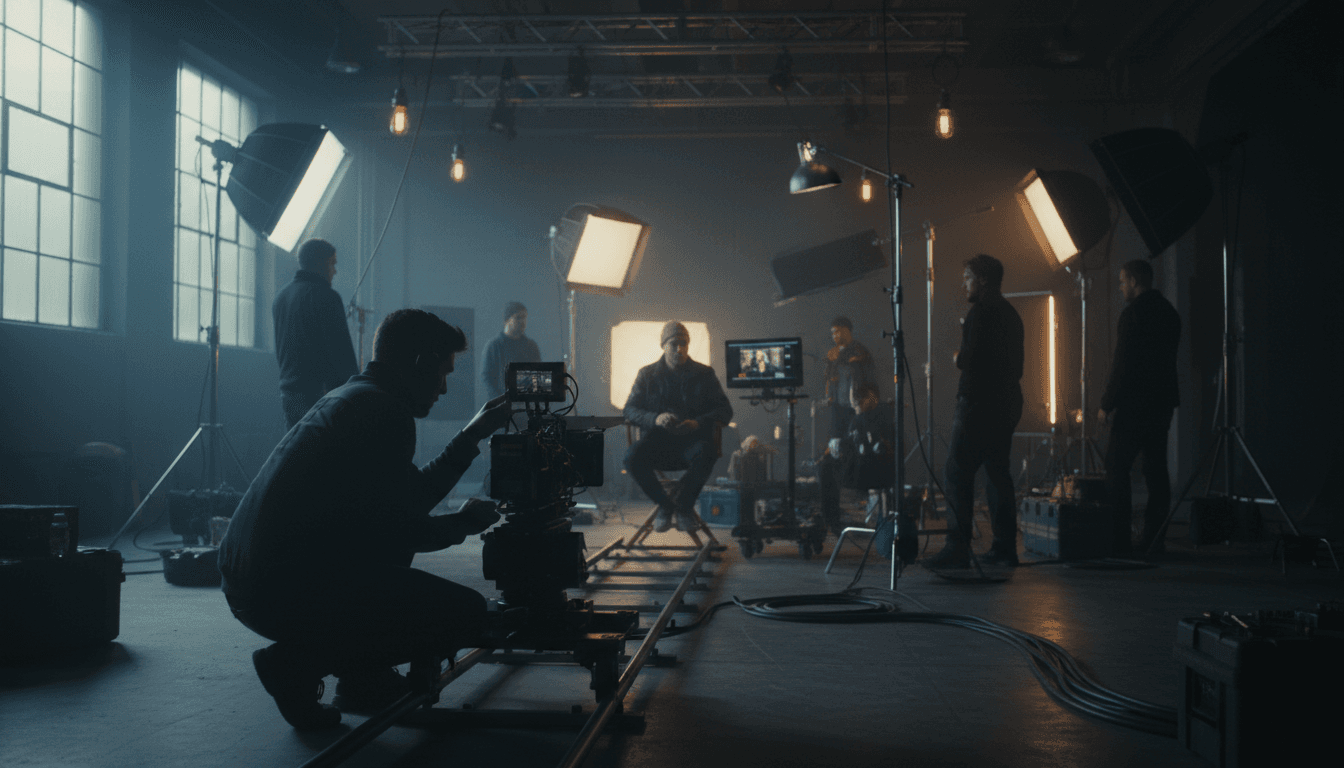 Professional camera operator filming on set with professional lighting equipment