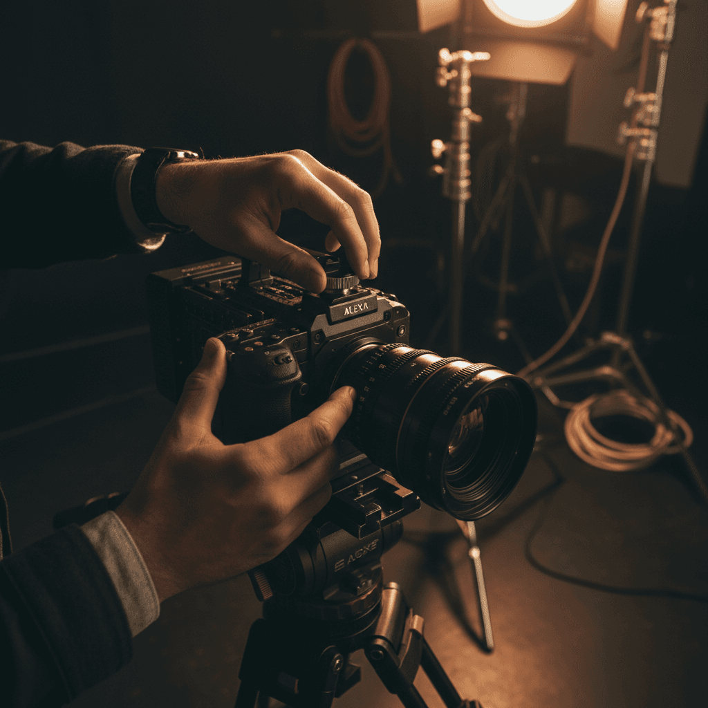 Film production crew operating professional camera equipment on set