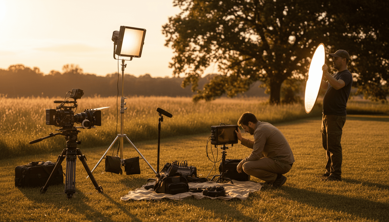 Film production setup with camera and crew