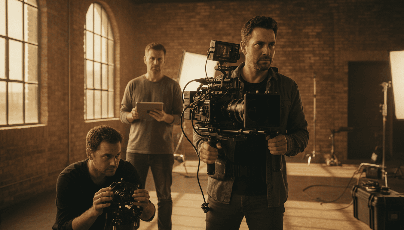 Professional filmmaking in action with camera and production crew