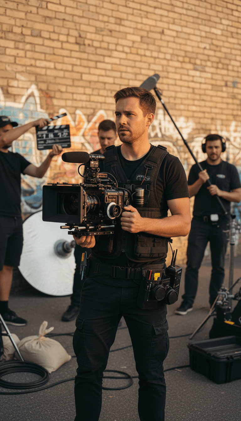 Film production on location with professional camera setup