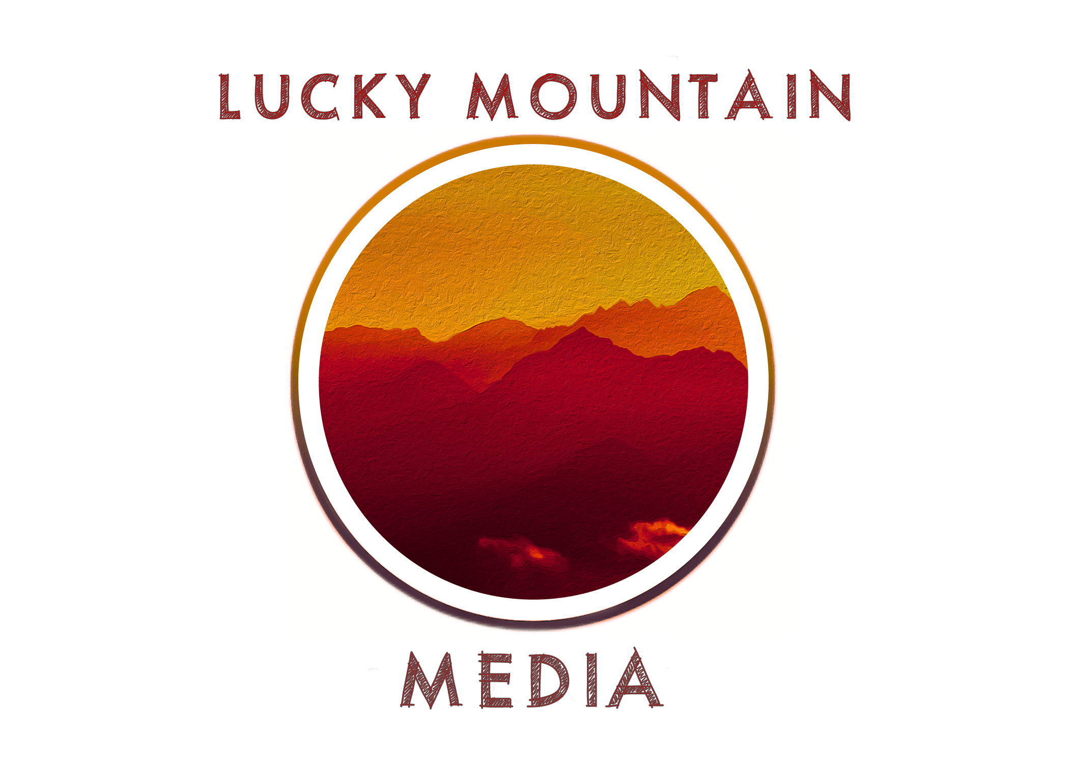 Lucky Mountain Media logo featuring a circular graphic of textured mountain peaks in sunset colors.